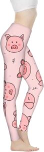 funny cartoon pink pig high waist yoga pants cute pig face seamless pattern sports gym running leggings animal print pink background workout pants full length tummy control for women teen girls (xl)