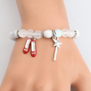 FUSTMW Wizard Oz Shoe Bracelet Dorothy Ruby Gifts Ruby Red Slippers Jewelry Movie Fans Inspired Gifts Magic Wand Charm (White)