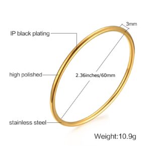 HIIXHC 14K Gold Plated Bangle Bracelet - 3mm Stackable Bangles Bracelet Stainless Steel Thin Round Bracelet Set for Women, Set of 3