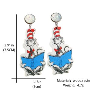 Unique Wooden Acrylic Teacher Student Earrings Cute Cat Mouse Asymmetric Funny Earrings Lightweight Charm Jewelry Back to School Gift for Student-book