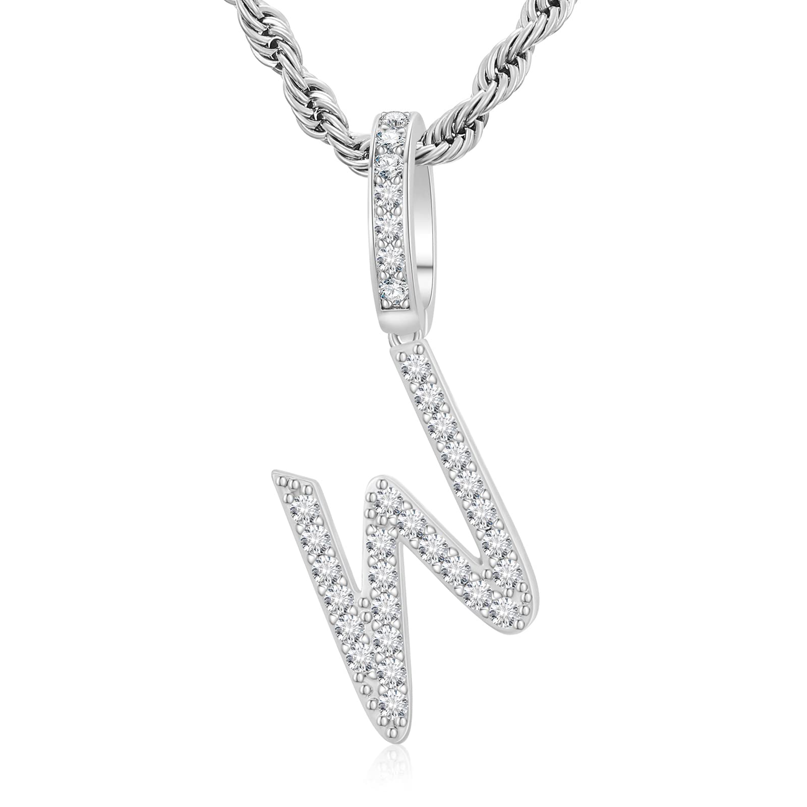 Big Bling Moissanite Initial Necklace for Women Lab Created Diamond Custom Letter Pendant Iced Out Hip Hop Jewelry Personalized Name Necklace 18K White Gold Plated Sterling Silver,Tennis Chain/ Rope Chain/ Cuban Link,16 inch to 24 inch Length Silver W