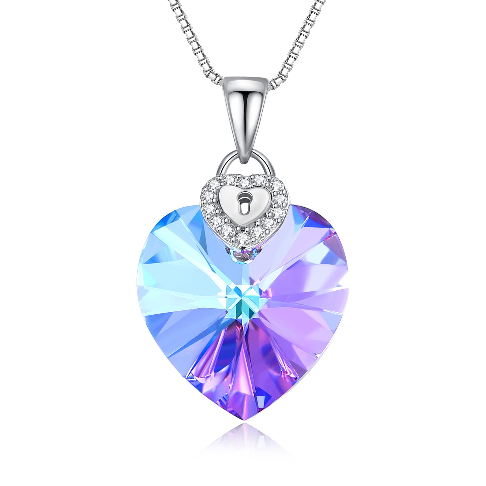 Missia Heart Shape Violet Crystal Necklace Sterling Silver Pendant Gift For Her Woman Wife Girlfriend Daughter Present For Birthday Valentine Wedding Anniversary