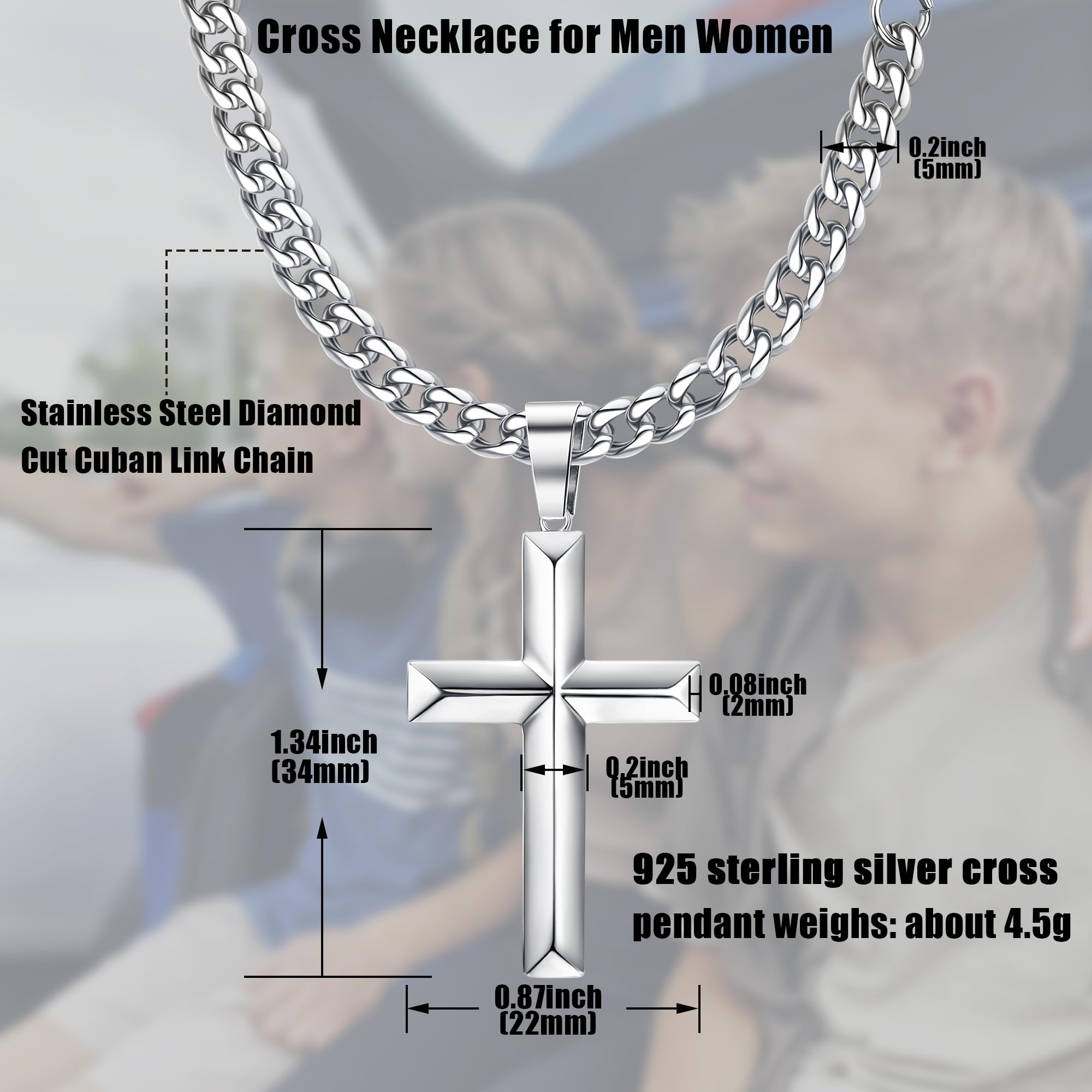 SAILIMUE 925 Sterling Silver Cross Necklace for Men Women with Stainless Steel Diamond Cut Cuban Link Curb Chain Beveled Edge Crucifix Pendant Necklace Cross Jewelry 18 Inches