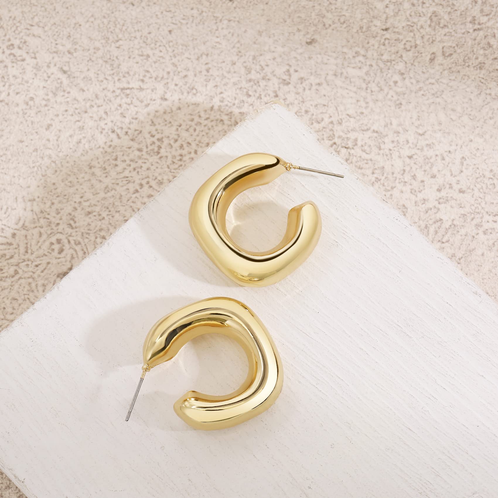 Chunky Gold Hoop Earrings, Small Gold Hoop Earrings for Women 14K Real Gold Plated Thick Open Hoops Lightweight