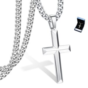 sailimue 925 sterling silver cross necklace for men women with stainless steel diamond cut cuban link curb chain beveled edge crucifix pendant necklace cross jewelry 18 inches