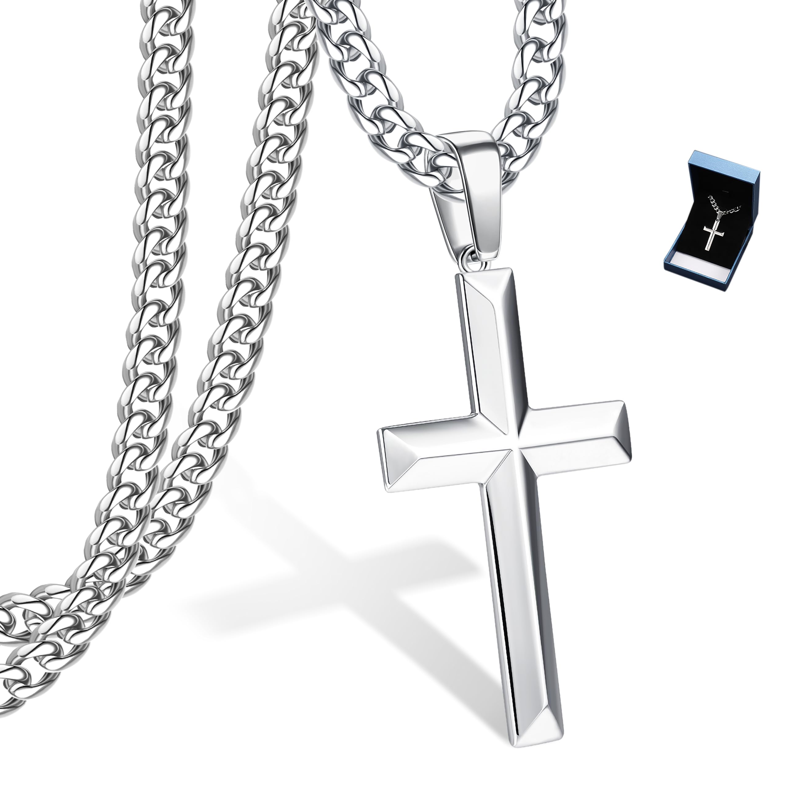 SAILIMUE 925 Sterling Silver Cross Necklace for Men Women with Stainless Steel Diamond Cut Cuban Link Curb Chain Beveled Edge Crucifix Pendant Necklace Cross Jewelry 18 Inches