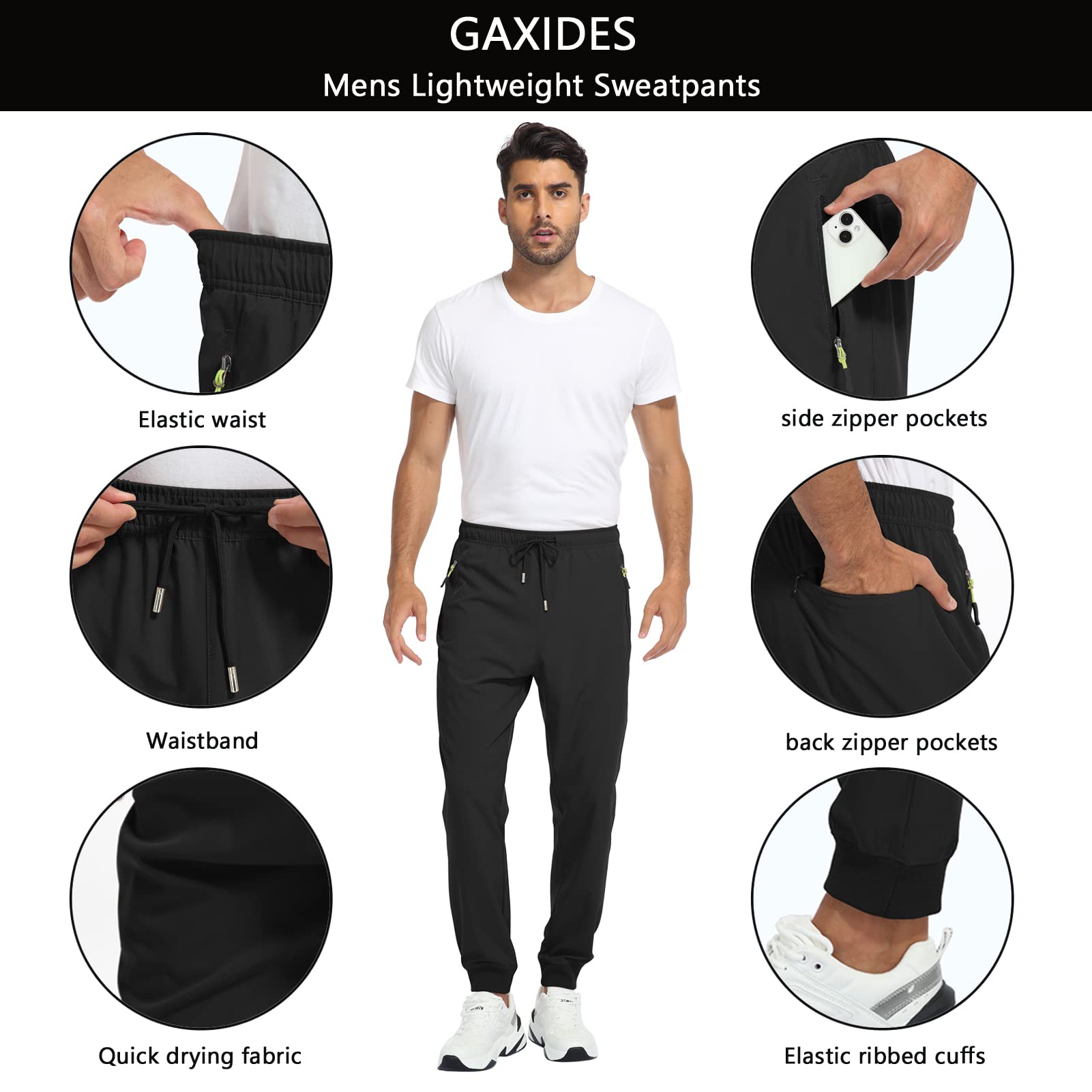 GAXIDES Mens Joggers with Pockets Elastic Waist Lightweight Athletic Workout Track Pants Jogging Sweatpants for Men Gym Running Hiking Travel Black 2XL/28