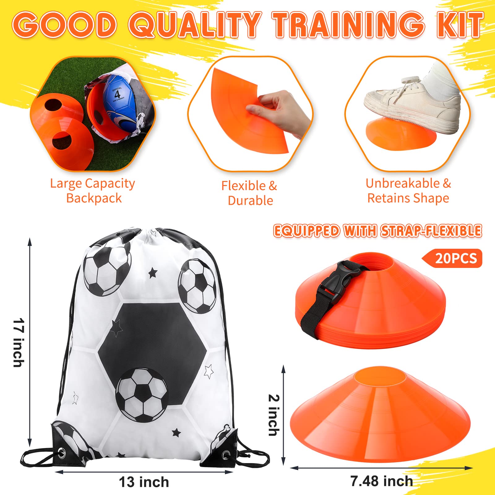 Soccer Training Equipment Kit Include 2 Soccer Balls 20 Soccer Cones and Drawstring Backpack Portable Training Aid Supplies Outdoor Agility Training Equipment for Youth Boys Girls(Novelty,Size 5)