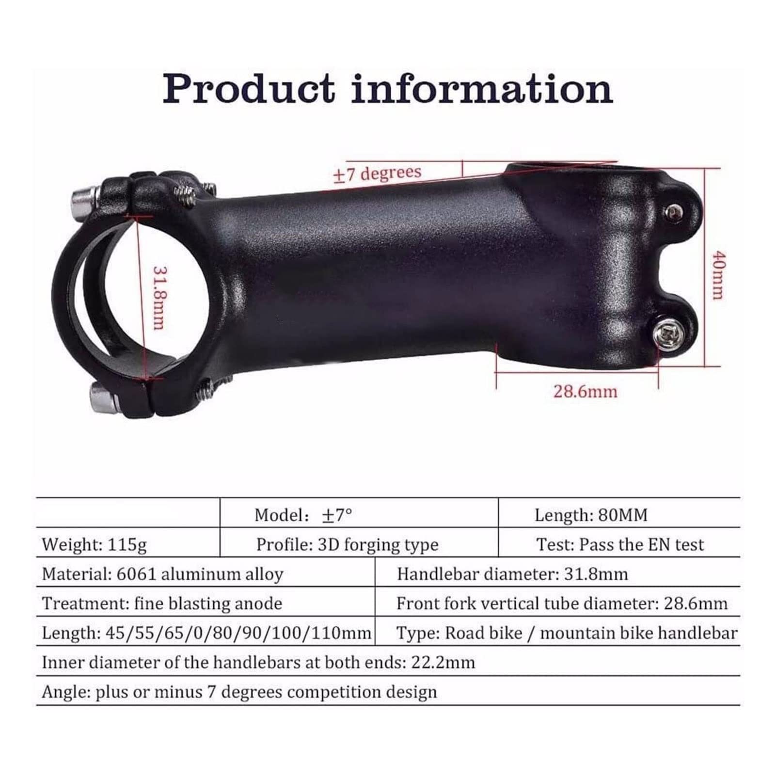 ZECHAO Mountain Road Bike Stem 7 Degree,318mm Mountain Bike Handlebar Stem 35/45/55/60/65/70/80/90/100/110mm Bike Power Parts Bike Stem (Color : Black, Size : 90mm)