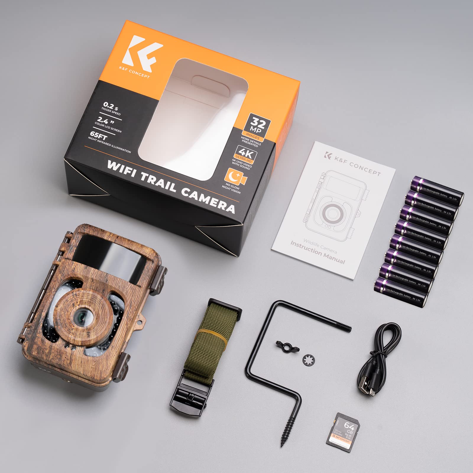 K&F Concept 4K 32MP WiFi Trail Camera, Game Camera with Night Vision Motion Activated Waterproof, Hunting Camera with 940nm No Glow Infrared LED 0.2s Trigger Time for Wildlife Monitoring Deer Cam