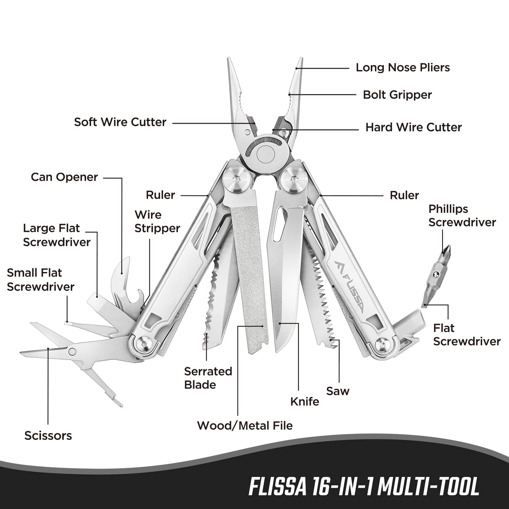 Flissa 16-in-1 Multitool Pliers & FLISSA Hunting Knife with Leather Sheath