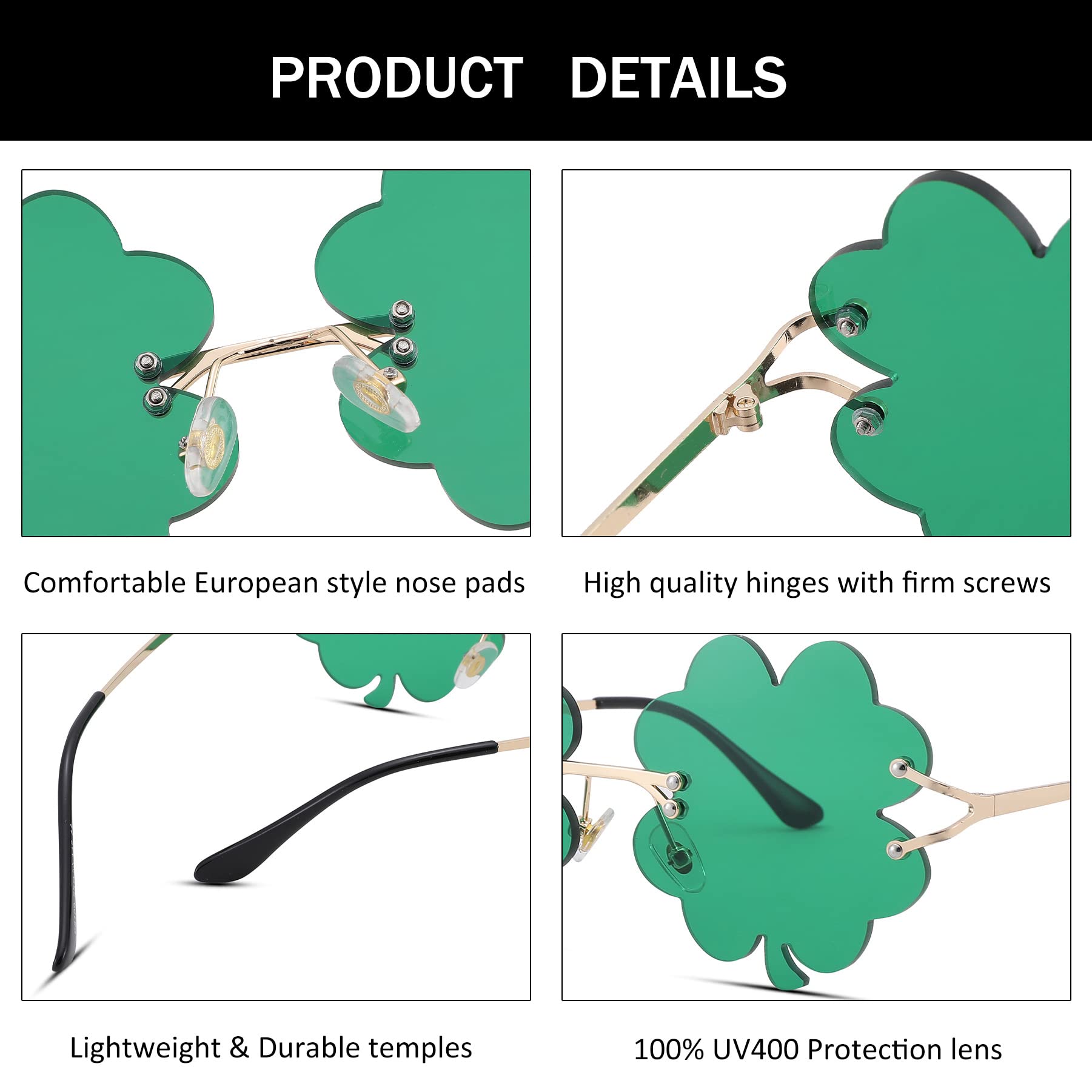 Melpomenia St. Patrick’s Day Green Sunglasses Irish Shamrock Four Leaf Clover Green Lens Shades Costume Party Glasses(Four Leaf Green)