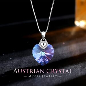 Missia Heart Shape Violet Crystal Necklace Sterling Silver Pendant Gift For Her Woman Wife Girlfriend Daughter Present For Birthday Valentine Wedding Anniversary