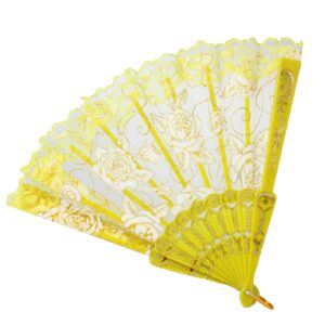 Larcele Folding Lace Fan Women Hand Held Fan Elegant Floral Fancy Retro for Wedding Nightclub Cosplay Dance Party LSS-02 (Yellow)