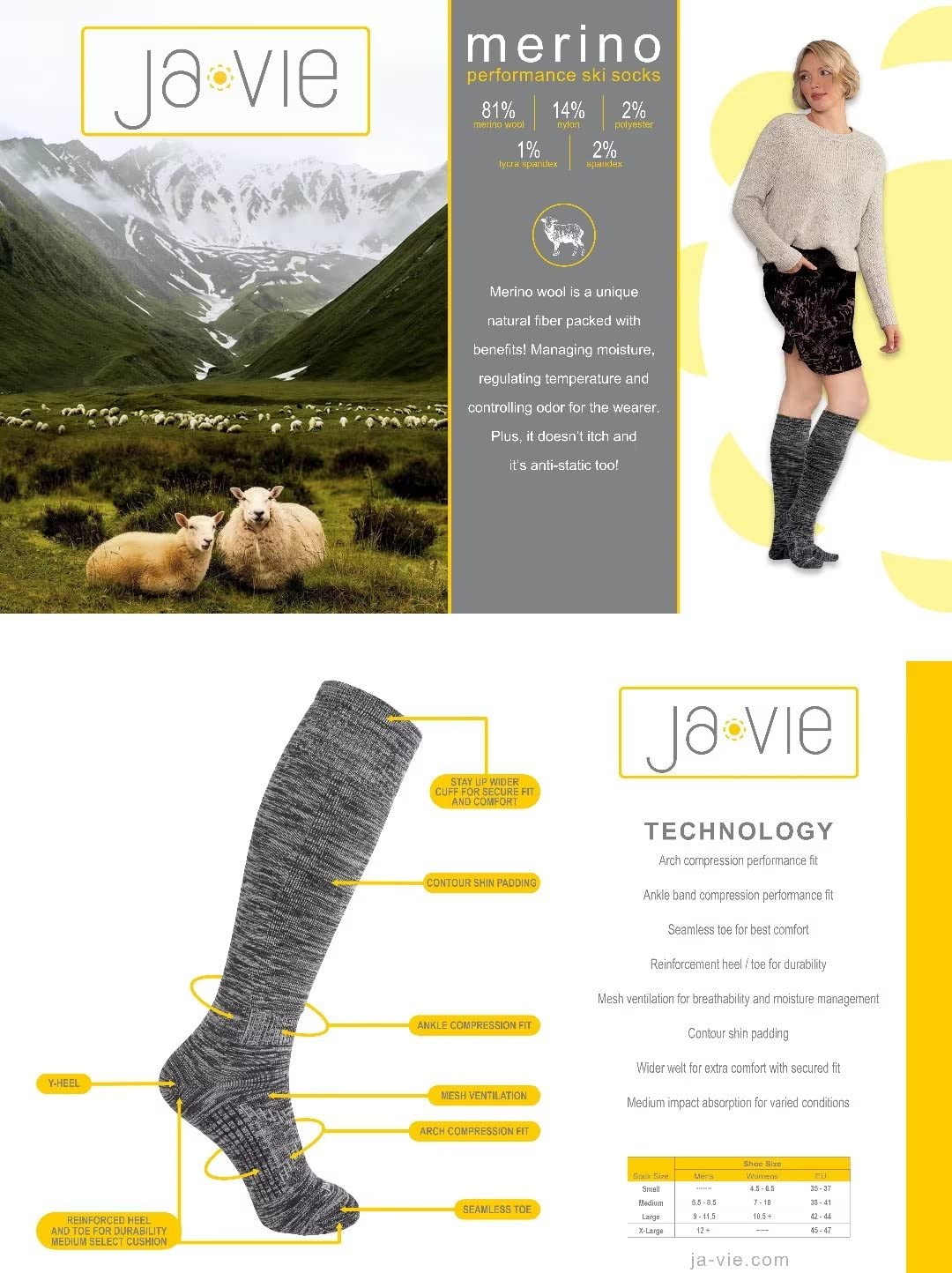 ja vie JAVIE Comfy 81% Merino Wool Skiing Socks Extra Warm for Women & Men Athletic Outdoor Performance Socks (2 Pairs)