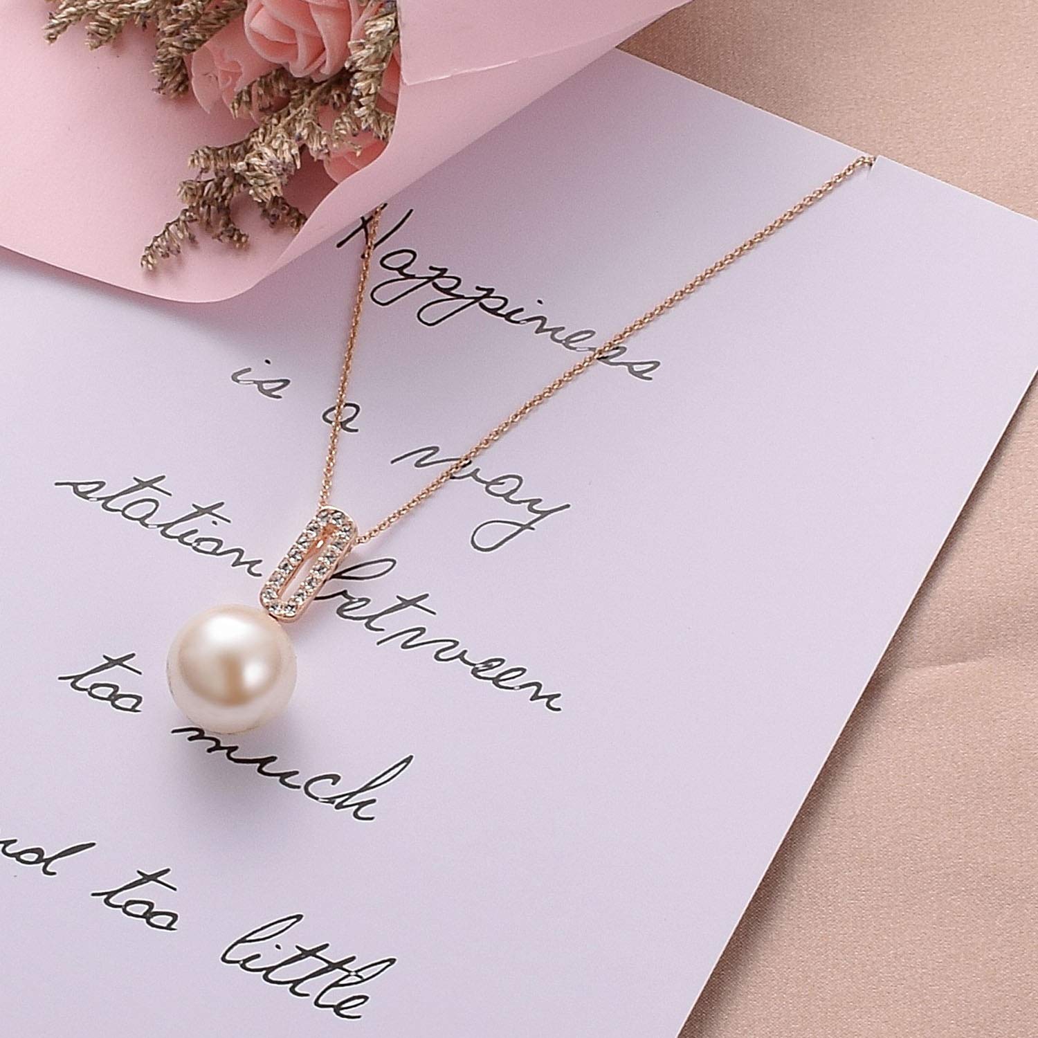 Aleasha 14mm Faux Pearl Necklace for Women Single Floating Pendant Rose Gold Plated Necklaces Jewelry Gifts