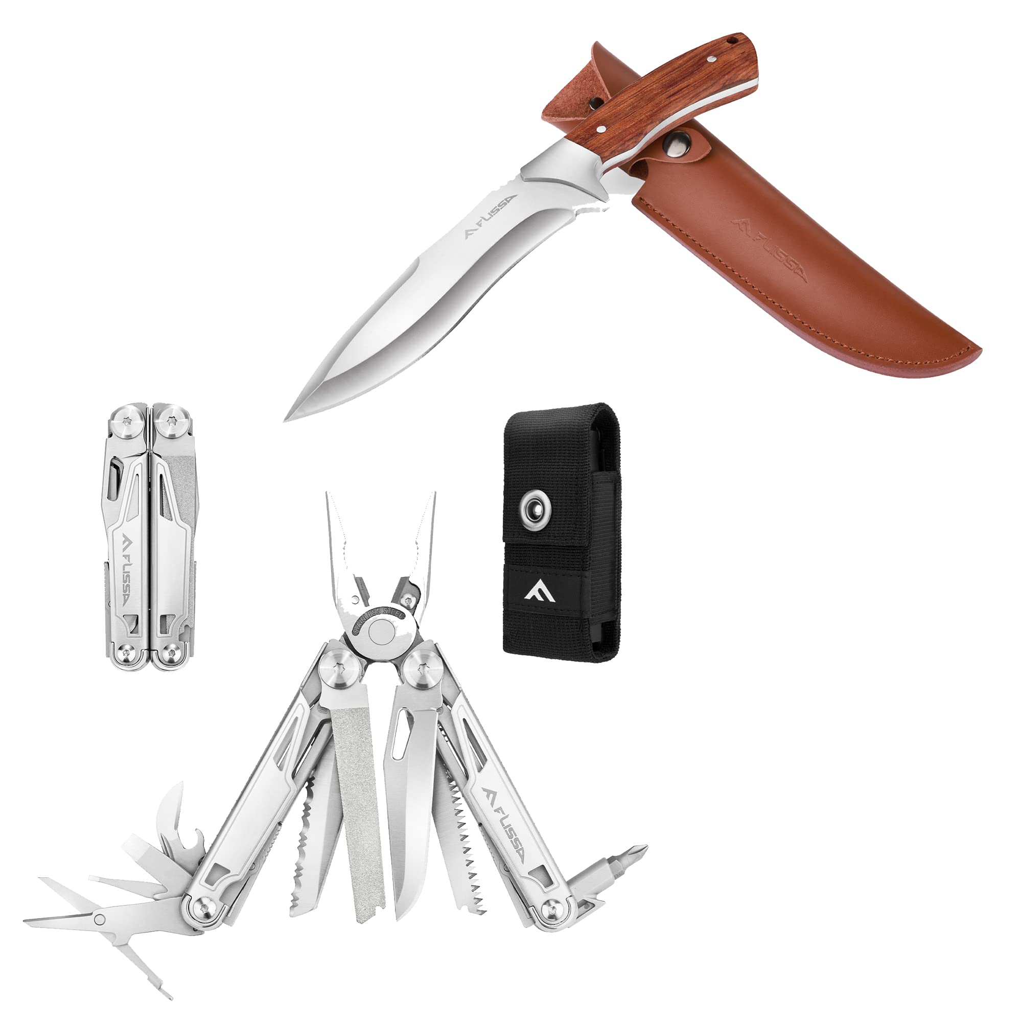 Flissa 16-in-1 Multitool Pliers & FLISSA Hunting Knife with Leather Sheath