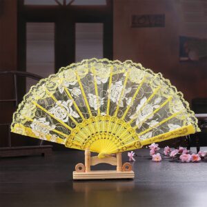 Larcele Folding Lace Fan Women Hand Held Fan Elegant Floral Fancy Retro for Wedding Nightclub Cosplay Dance Party LSS-02 (Yellow)