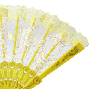 Larcele Folding Lace Fan Women Hand Held Fan Elegant Floral Fancy Retro for Wedding Nightclub Cosplay Dance Party LSS-02 (Yellow)