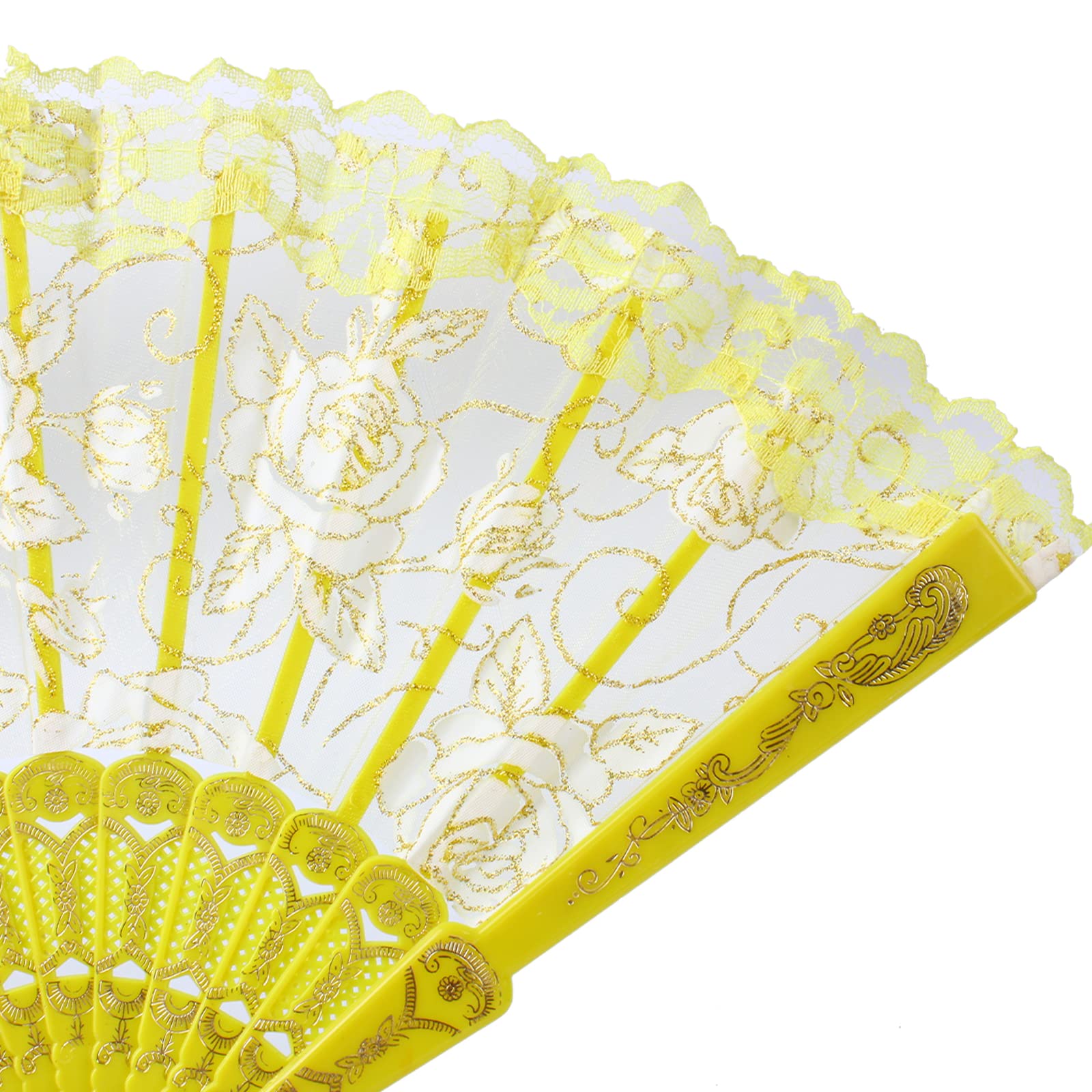 Larcele Folding Lace Fan Women Hand Held Fan Elegant Floral Fancy Retro for Wedding Nightclub Cosplay Dance Party LSS-02 (Yellow)