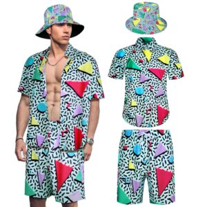 geosar men's 2 pcs 80s 90s outfit for men hippie shirts and shorts set with hat neon disco halloween party costume clothes(vintage color,large)