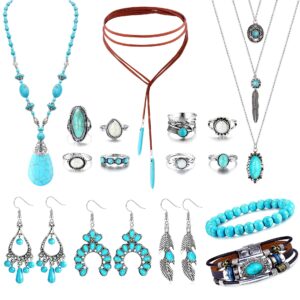 Sanfenly Bohemian Turquoise Jewelry Set for Women Pendant Necklaces Bracelets Earrings Rings, Metal, Cubic Zirconia