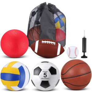 libima 6 pcs multi sport ball set official size football, basketball, soccer, volleyball, playground ball, baseball with sports equipment bag pump for teen adult christmas(classic style)