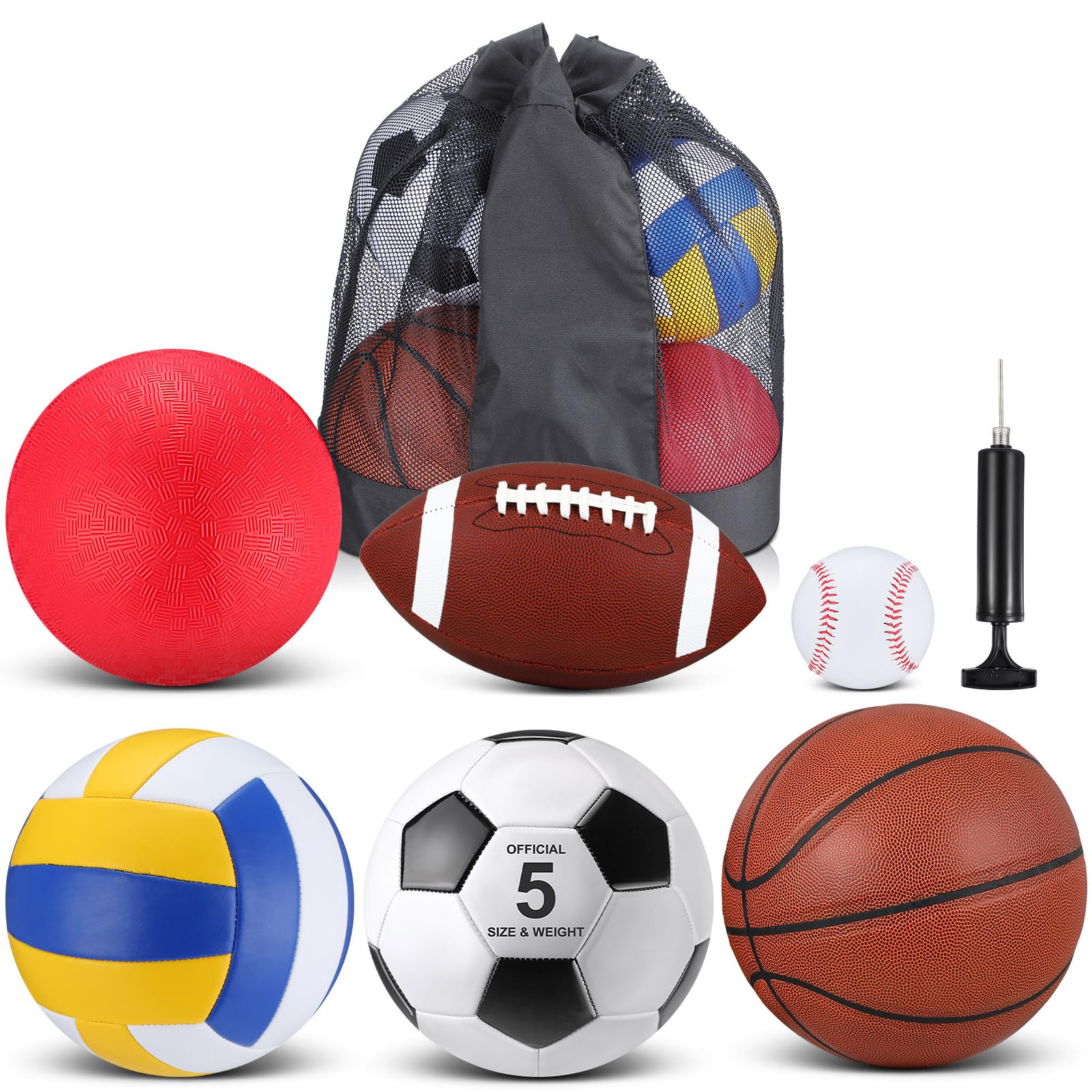 Libima 6 Pcs Multi Sport Ball Set Official Size Football, Basketball, Soccer, Volleyball, Playground Ball, Baseball with Sports Equipment Bag Pump for Teen Adult Christmas(Classic Style)