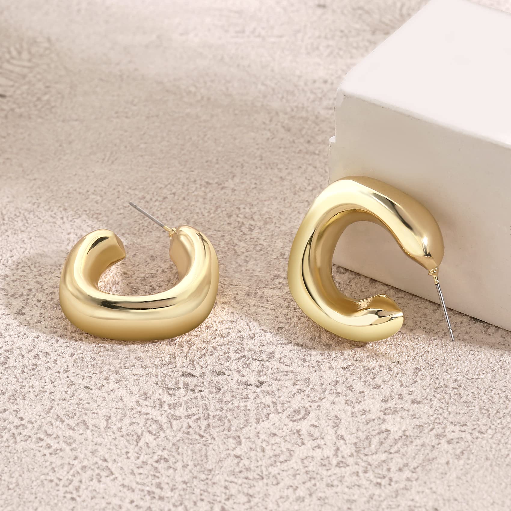 Chunky Gold Hoop Earrings, Small Gold Hoop Earrings for Women 14K Real Gold Plated Thick Open Hoops Lightweight