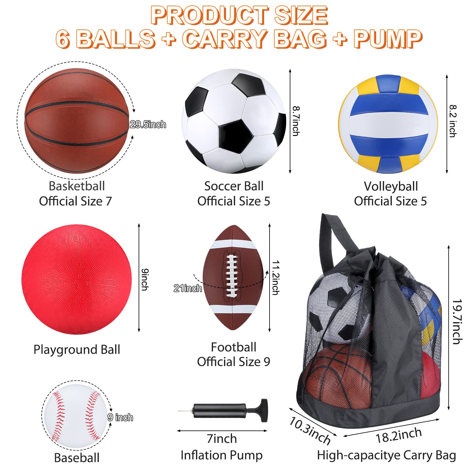 Libima 6 Pcs Multi Sport Ball Set Official Size Football, Basketball, Soccer, Volleyball, Playground Ball, Baseball with Sports Equipment Bag Pump for Teen Adult Christmas(Classic Style)