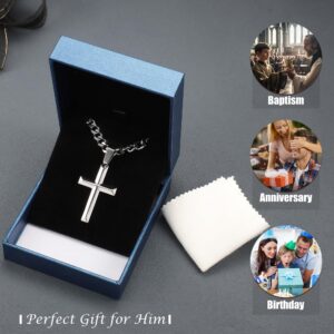 SAILIMUE 925 Sterling Silver Cross Necklace for Men Women with Stainless Steel Diamond Cut Cuban Link Curb Chain Beveled Edge Crucifix Pendant Necklace Cross Jewelry 18 Inches