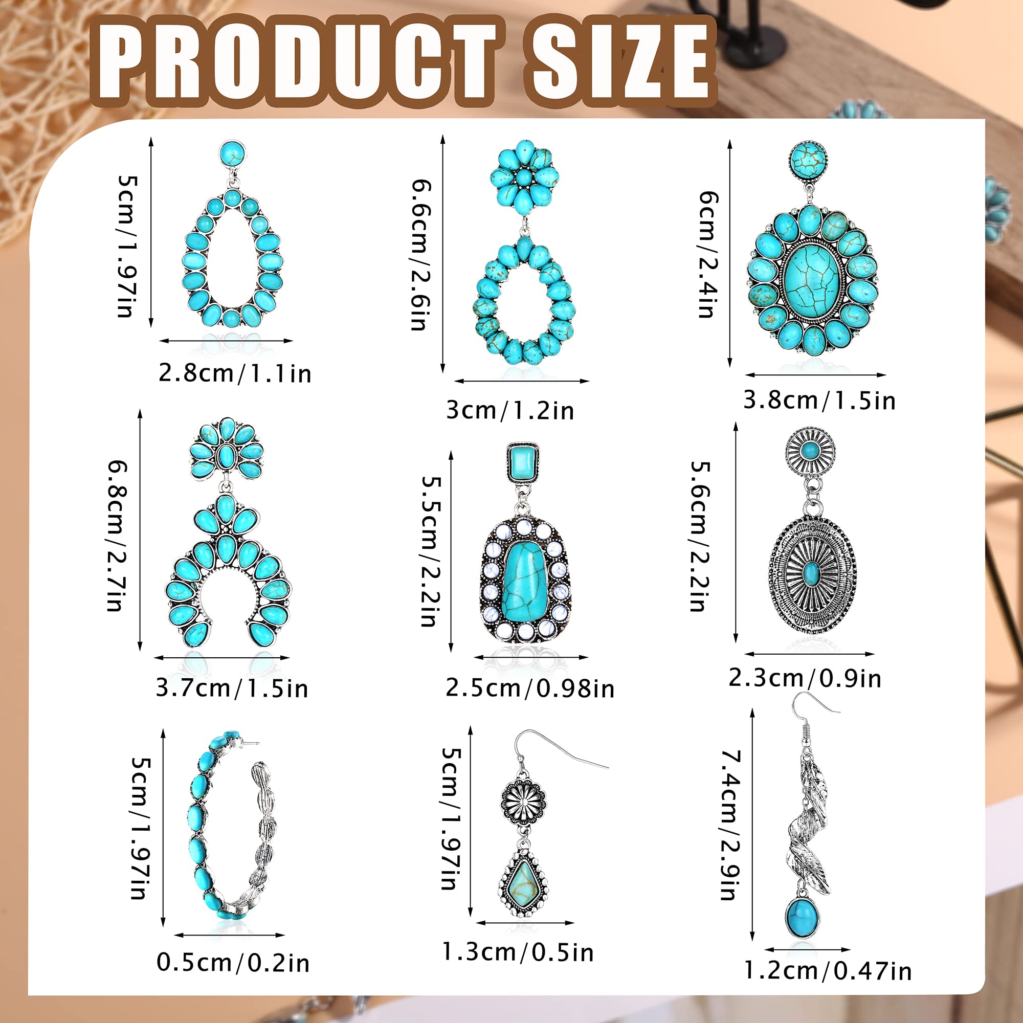 Sanfenly 9 Pairs Turquoise Earrings Set Vintage Western Drop Dangle Teardrop Earrings Boho Bohemian Turquoise Jewelry for Women and Teen Girls