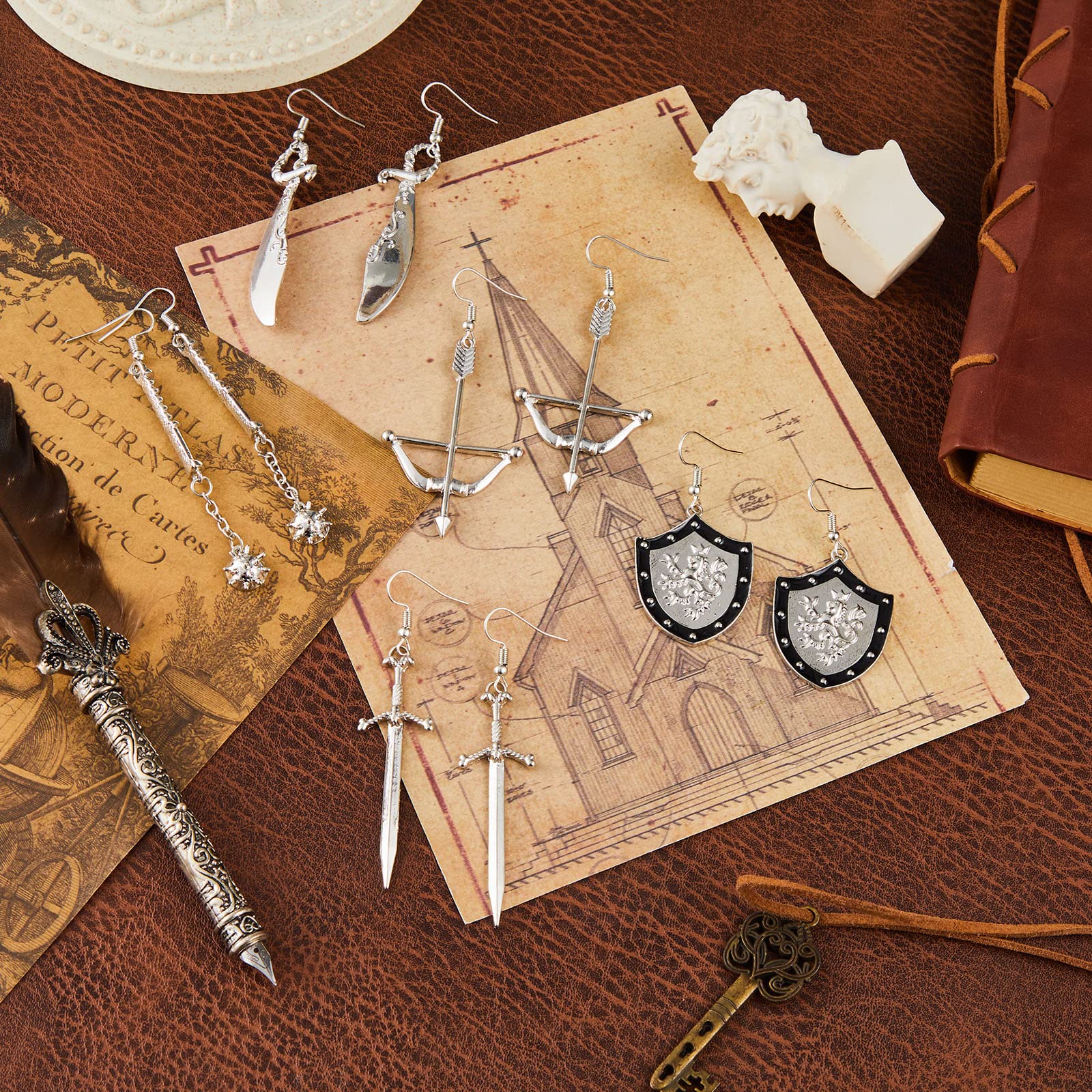 Fabbay 6 Pairs Gothic Earrings Gothic Jewelry Medieval Renaissance Dangle Earrings Sword Earrings Vampire Earrings Gothic Dangle Earrings Skull Axe Gothic Dagger Goth Earrings for Women, 6 Styles