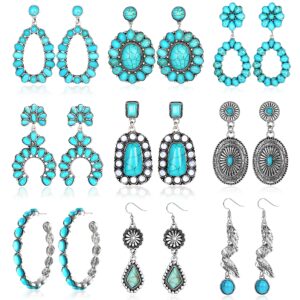 Sanfenly 9 Pairs Turquoise Earrings Set Vintage Western Drop Dangle Teardrop Earrings Boho Bohemian Turquoise Jewelry for Women and Teen Girls