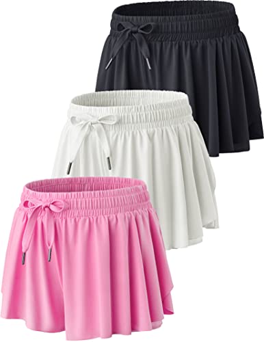 3 Pack Girls Flowy Shorts with Spandex Liner 2-in-1 Youth Butterfly Skirts for Fitness, Running, Sports (Set 2, Youth Medium)