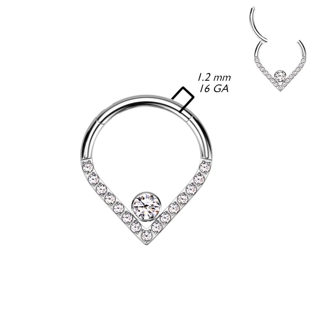 Pierced Owl 16GA F136 Implant Grade Titanium CZ Crystal Center and CZ Crystal Lined Chevron Shaped Hinged Segment Ring (10mm (3/8") Diameter)