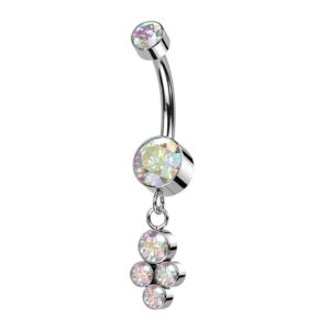 pierced owl 14ga f136 implant grade titanium internally threaded double cz crystal with dangling crystal cluster belly button ring (aurora borealis)