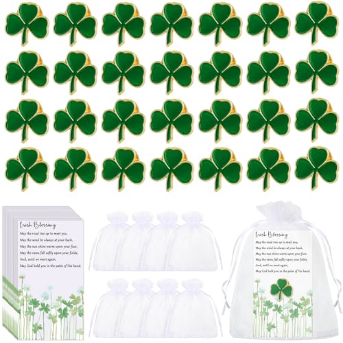 Inbagi Clover Lapel Pins Shamrock Pins Brooches Good Luck Three Leaf Pins with Blessing Cards and Organza Gift Bags Christmas Team Gifts Wedding Gifts Birthday Gifts Student Teacher