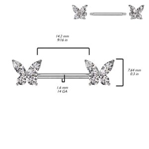 14GA 316L Stainless Steel CZ Crystal Butterfly Ends Nipple Barbells, Sold as a Pair (Gold Tone)