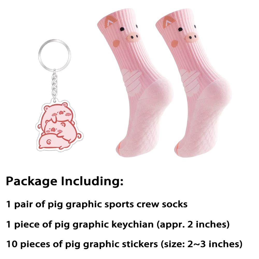 Angelteers Functional Sports Socks Animal Athletic Crew Socks for Women Big Kids (US, Alpha, One Size, Regular, Regular, Pink Cartoon Pig)