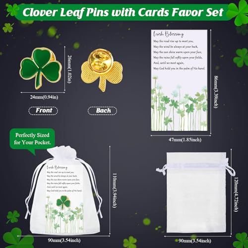 Inbagi Clover Lapel Pins Shamrock Pins Brooches Good Luck Three Leaf Pins with Blessing Cards and Organza Gift Bags Christmas Team Gifts Wedding Gifts Birthday Gifts Student Teacher