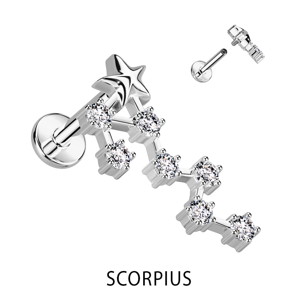 Pierced Owl 18GA 316L Stainless Steel Internally Threaded CZ Crystal Zodiac Constellation Flat Back Stud (Scorpio)