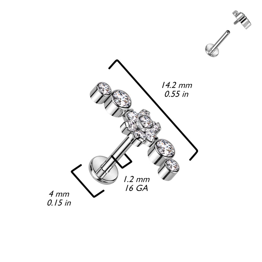 Pierced Owl 16GA F136 Implant Grade Titanium Internally Threaded CZ Crystal Flower Crawler Flat Back Stud (Aurora Borealis)