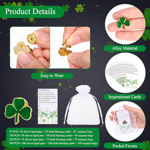 Inbagi Clover Lapel Pins Shamrock Pins Brooches Good Luck Three Leaf Pins with Blessing Cards and Organza Gift Bags Christmas Team Gifts Wedding Gifts Birthday Gifts Student Teacher