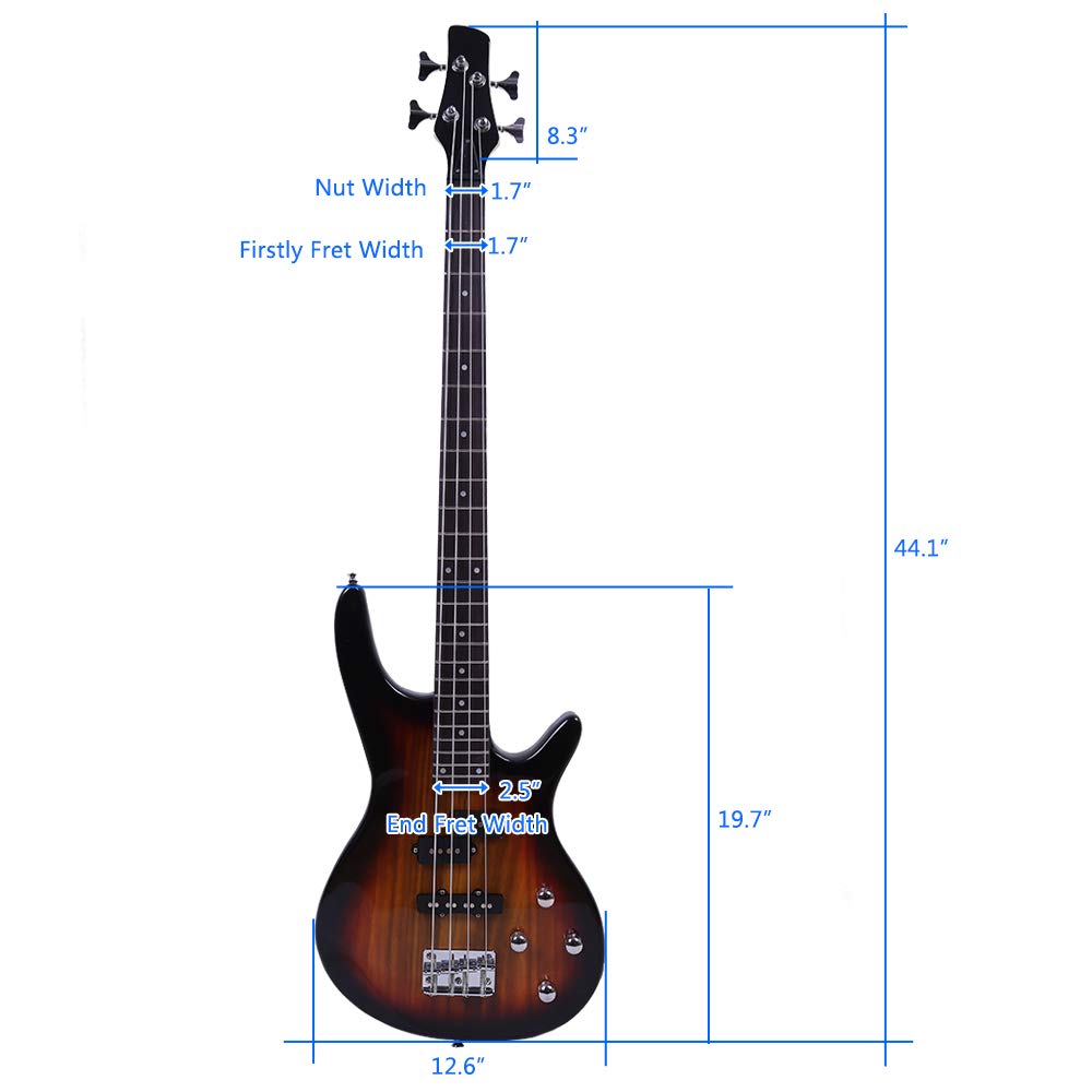 Vasitelan Electric Bass Guitar Full Size 4 String Exquisite Stylish Bass with Power Line and Wrench Tool (Sunset Color)