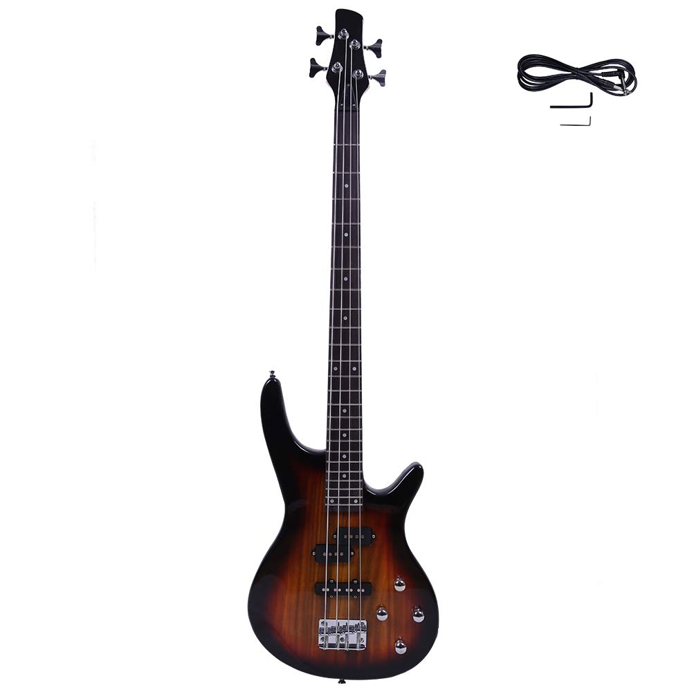 Vasitelan Electric Bass Guitar Full Size 4 String Exquisite Stylish Bass with Power Line and Wrench Tool (Sunset Color)