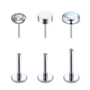 VOJO Tragus Labret Threadless Push in Cartilage Nose Studs G23 Titanium 20G Medusa Piercing Jewelry, Flat Backed Earrings for Helix (20G 6/6/8mm, White Opal)