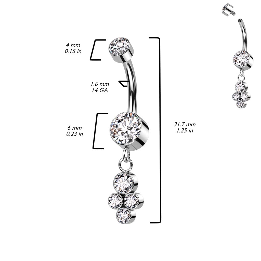 Pierced Owl 14GA F136 Implant Grade Titanium Internally Threaded Double CZ Crystal with Dangling Crystal Cluster Belly Button Ring (Aurora Borealis)