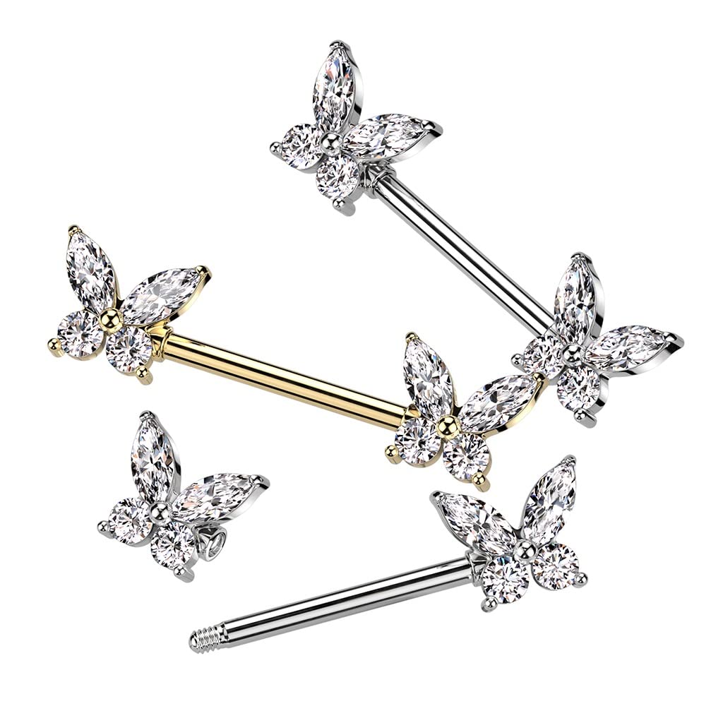 14GA 316L Stainless Steel CZ Crystal Butterfly Ends Nipple Barbells, Sold as a Pair (Gold Tone)