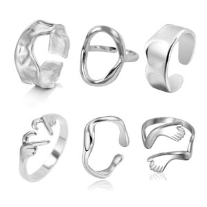 loqimu 6 pack silver midi rings stainless steel stackable rings for women open knuckle rings set wide irregular finger rings for teen girls hug geometric fashion rings aesthetic jewelry gift